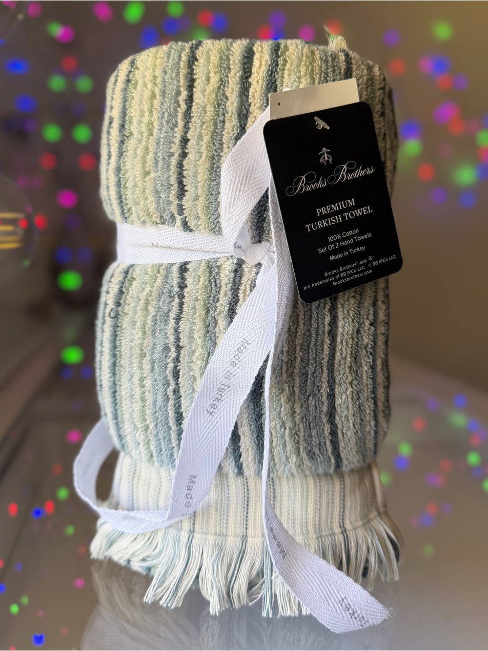NWT Brooks Brothers Premium Turkish Aqua Green Striped fringed Hand Towels
